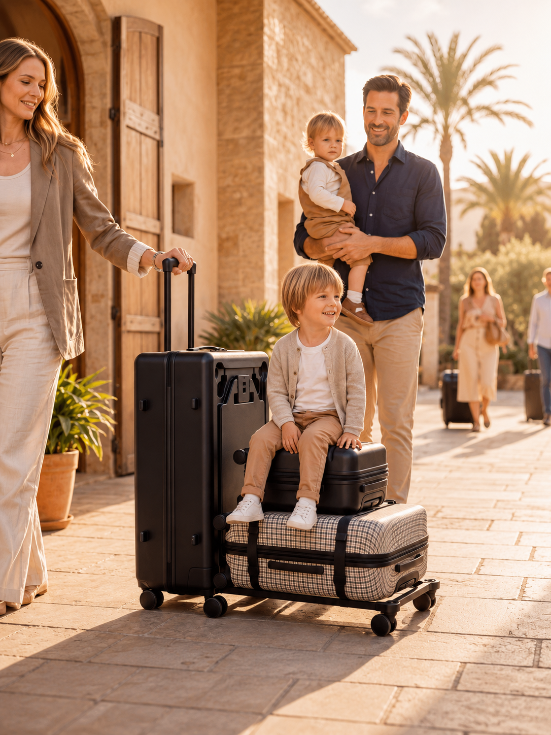 Luggage trolley rolling two stacked bags as one connected unit